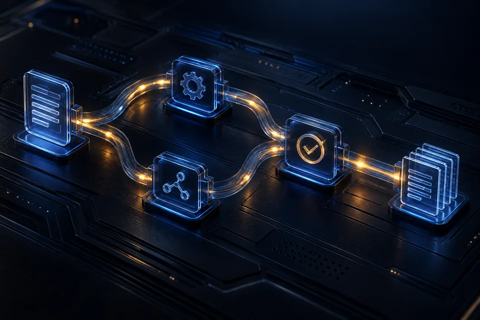 Concept illustration of connected workflow steps with blue and amber signals