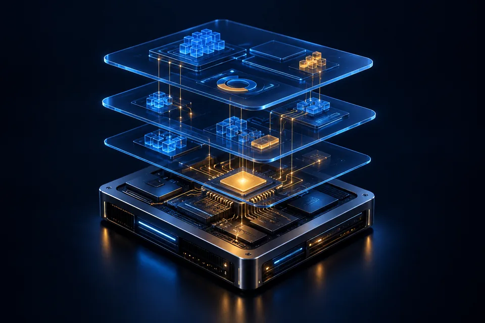 Concept illustration of connected software layers in blue glass